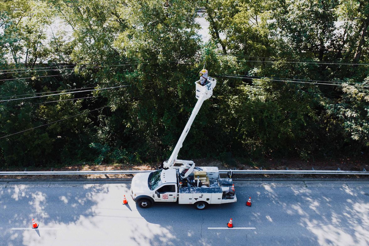 Bucket truck parked behind traffic cones with its boom raised into a roadside canopy near overhead lines.